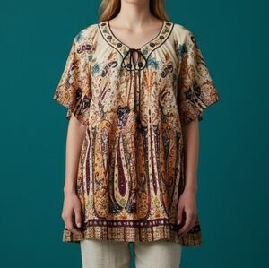 NEW DIRECTIONS Paisley Floral Embroidered Bow Split Neck Festival Tunic